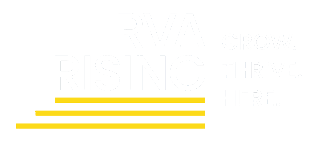 White text on a light gray background reads RVA RISING with GROW. THRIVE. HERE. to the right. Four horizontal yellow lines are beneath the word RISING.